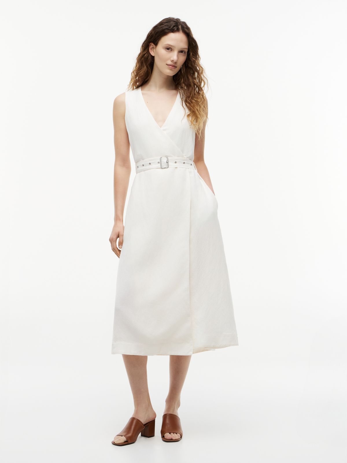 Belted Linen Blend Sleeveless Wrap Midi Dress — White