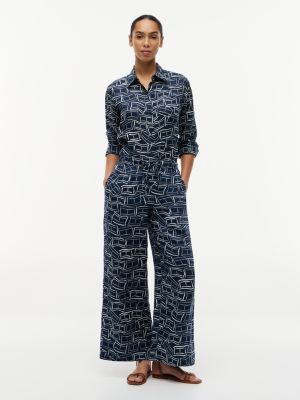 blue relaxed wide leg pure linen trousers for women tommy hilfiger