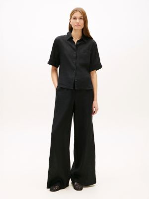 black relaxed wide leg pure linen trousers for women tommy hilfiger