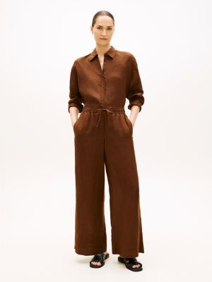 brown relaxed wide leg pure linen trousers for women tommy hilfiger