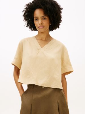 beige relaxed fit linen blend short sleeve blouse for women tommy hilfiger