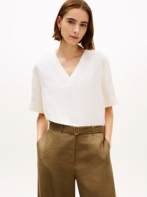 white relaxed fit linen blend short sleeve blouse for women tommy hilfiger