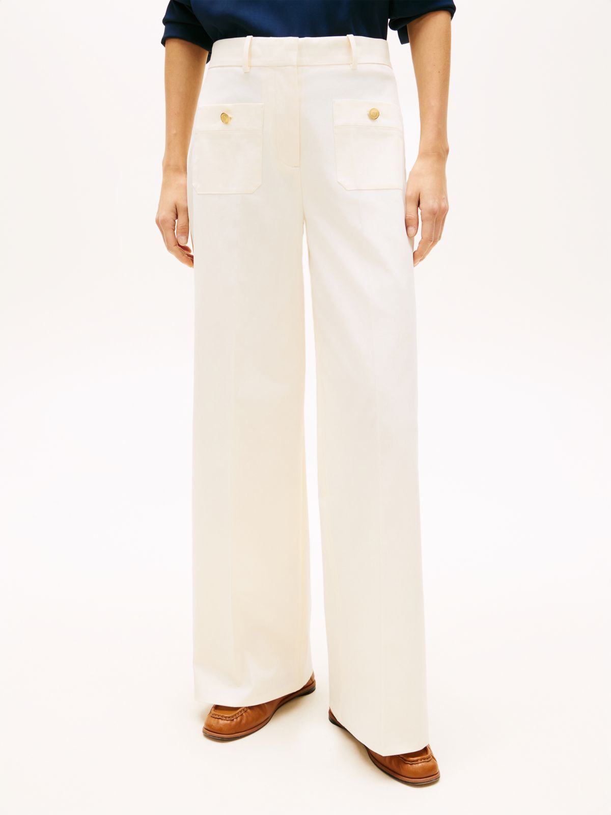Crest Embossed Button Wide Leg Chinos — Beige