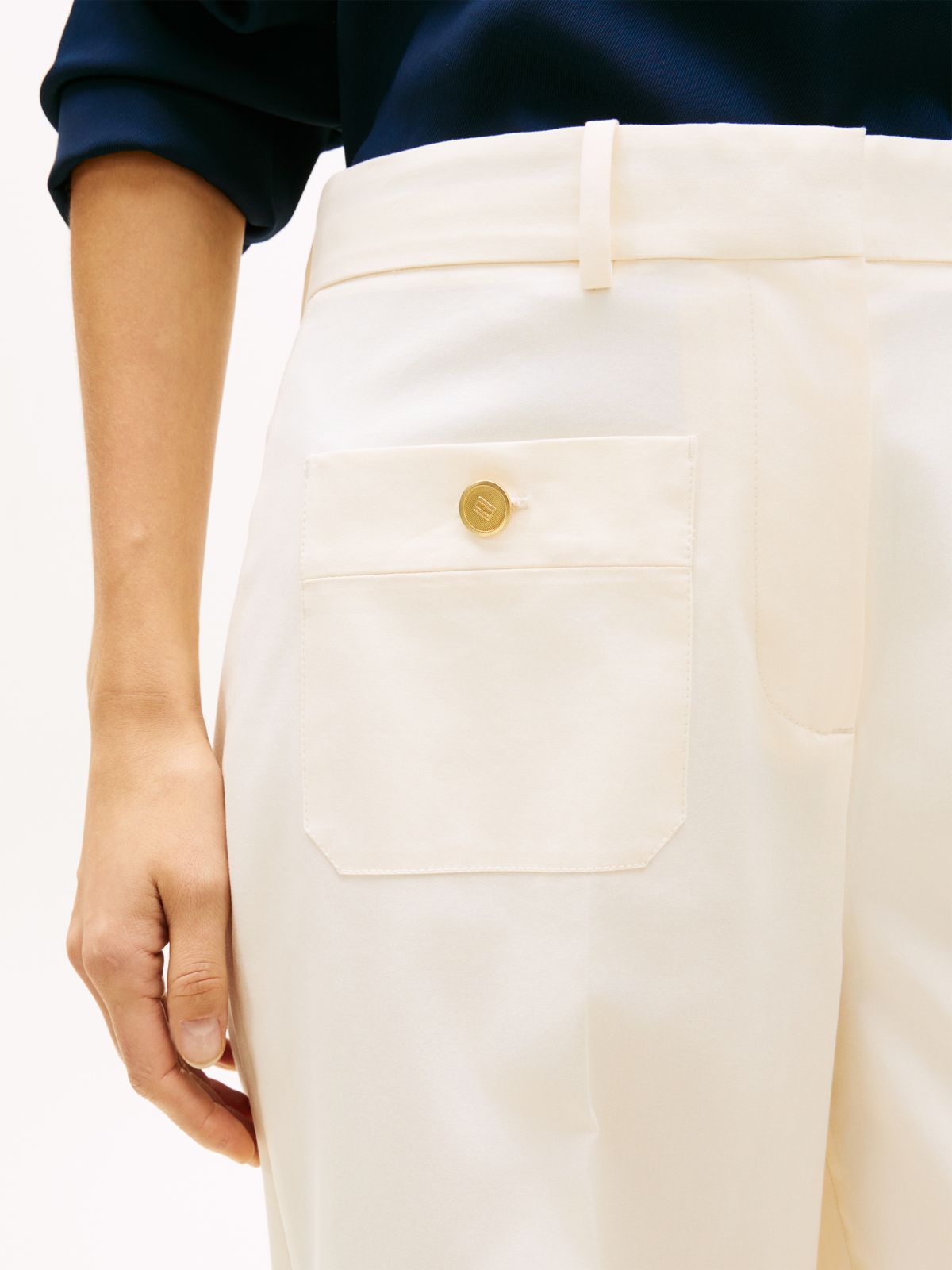 Crest Embossed Button Wide Leg Chinos — Beige
