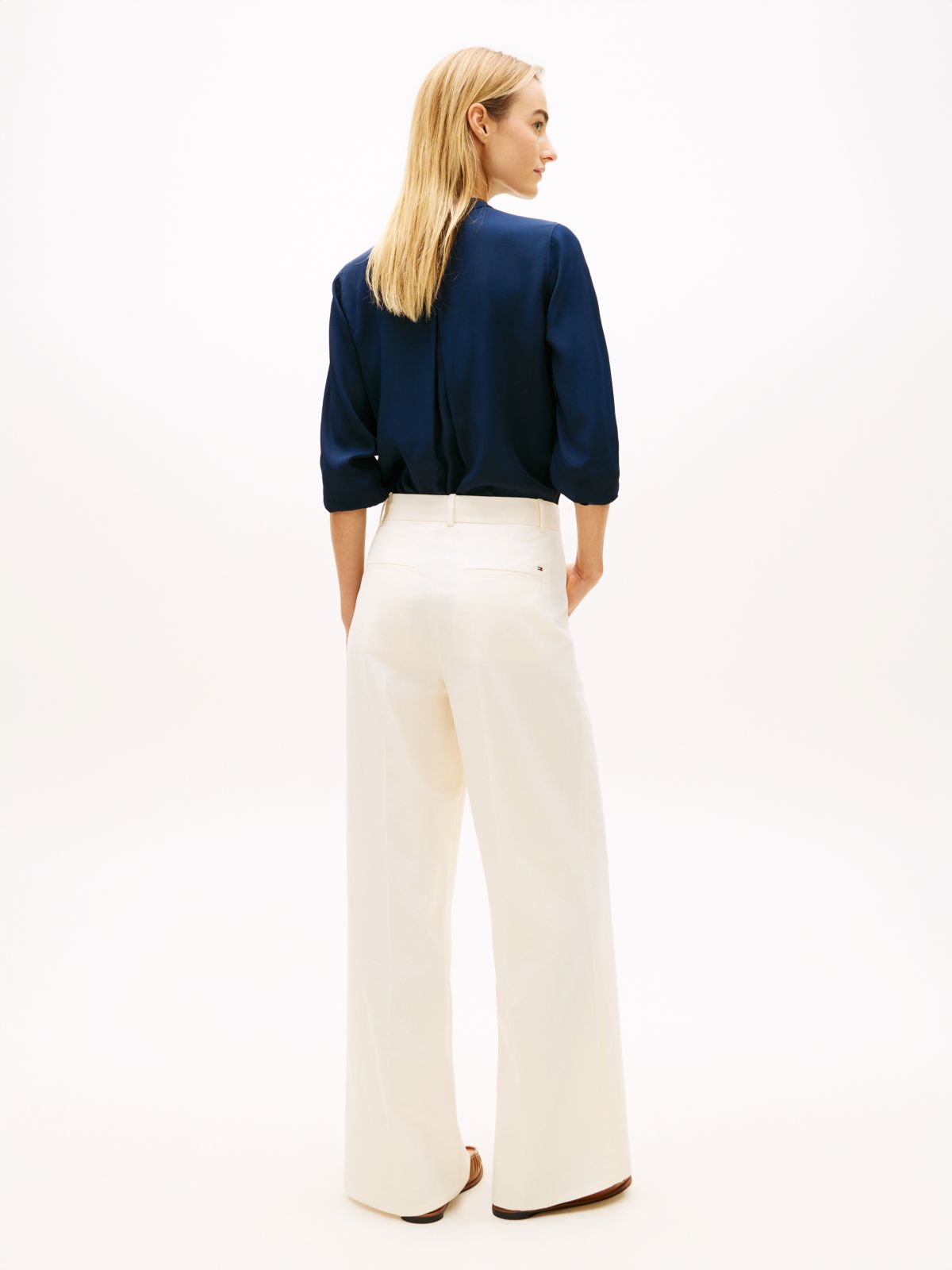 Crest Embossed Button Wide Leg Chinos — Beige