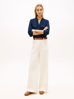 Crest Embossed Button Wide Leg Chinos — Beige 1