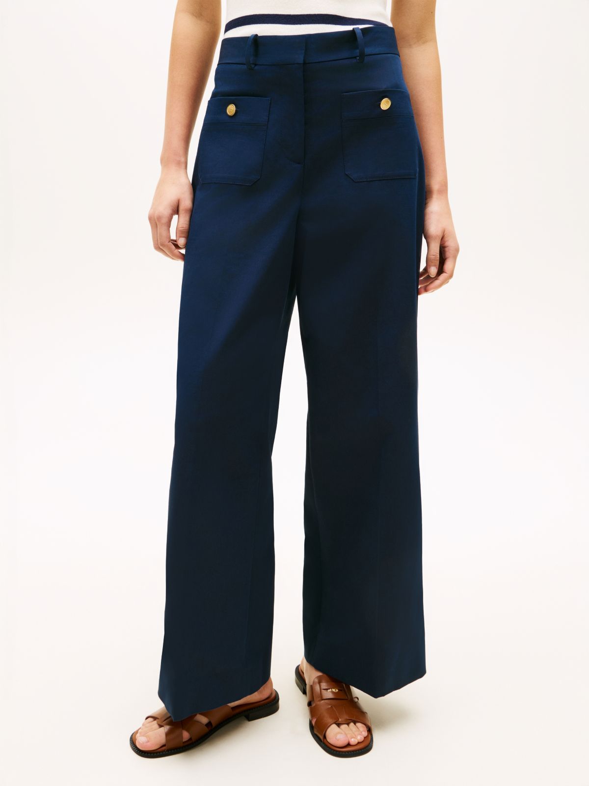 Crest Embossed Button Wide Leg Chinos — Blue