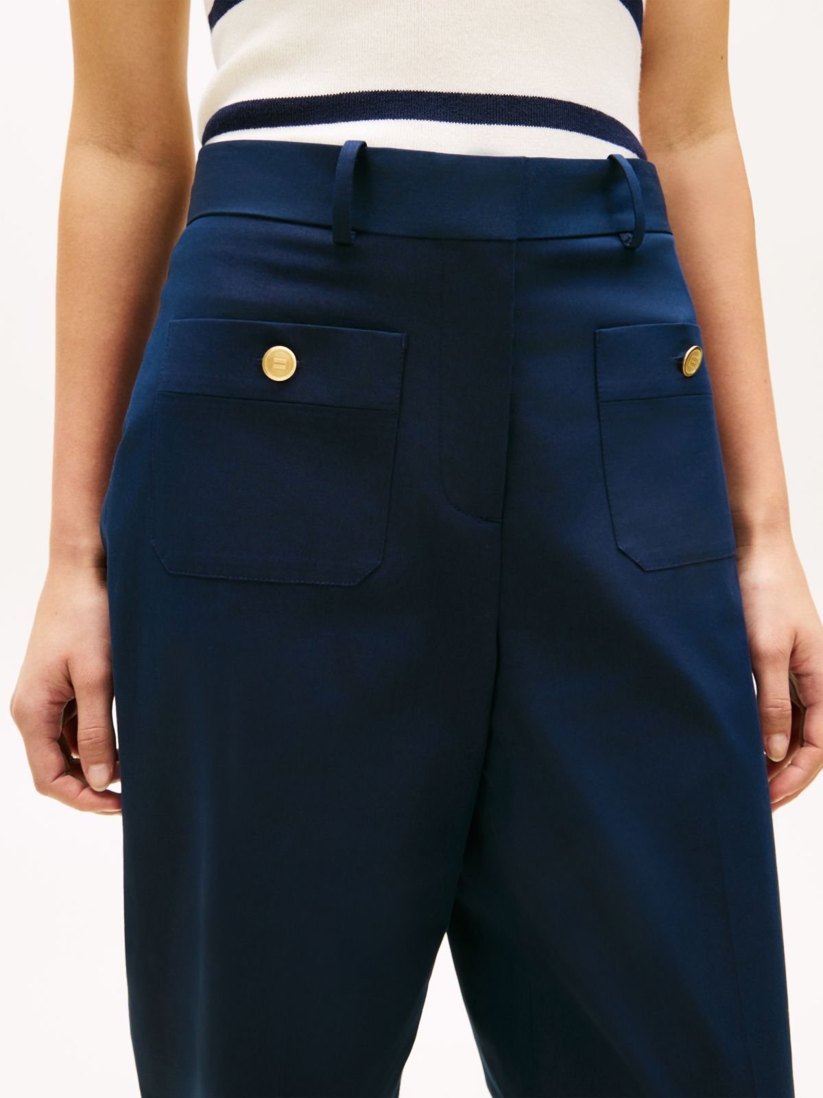 Crest Embossed Button Wide Leg Chinos — Blue