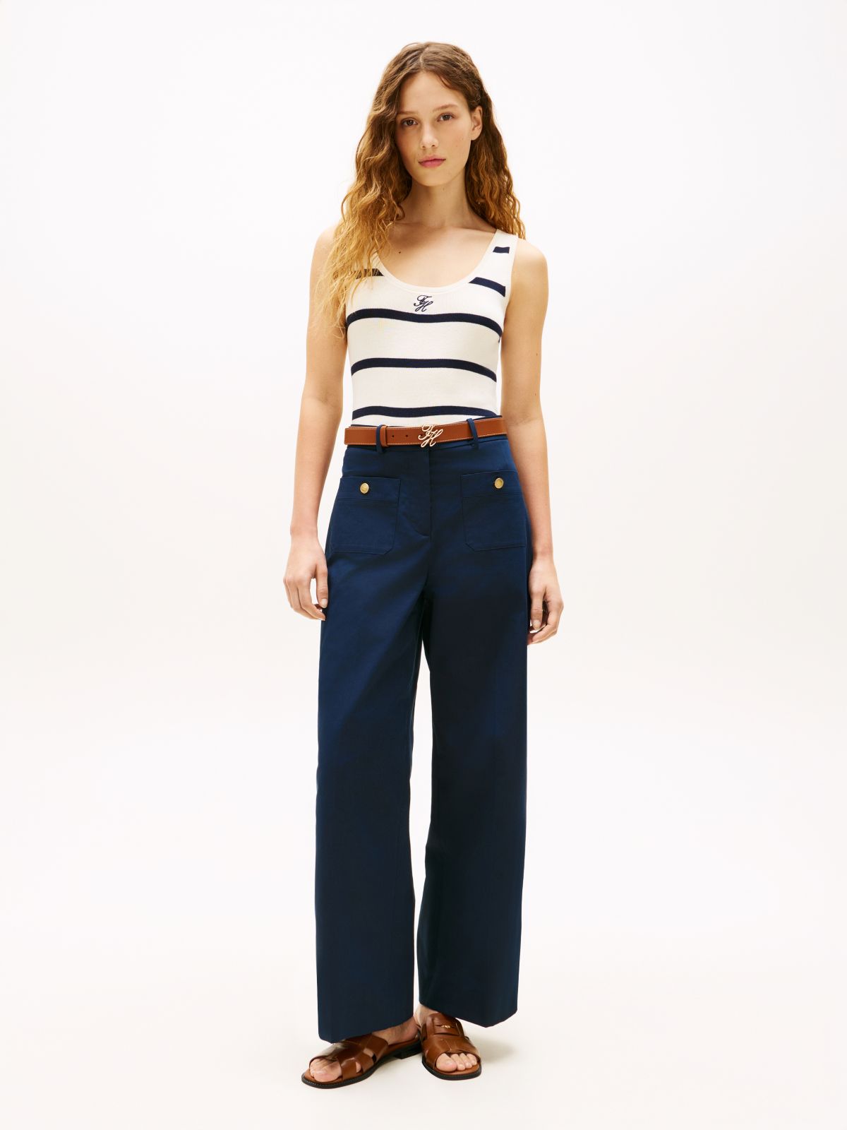 Crest Embossed Button Wide Leg Chinos — Blue