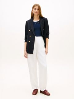 Linen Blend Barrel Leg Ankle Trousers — White 1