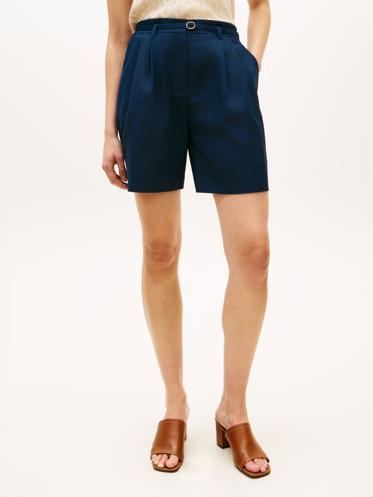 Linen Blend Wide Leg Shorts — Blue