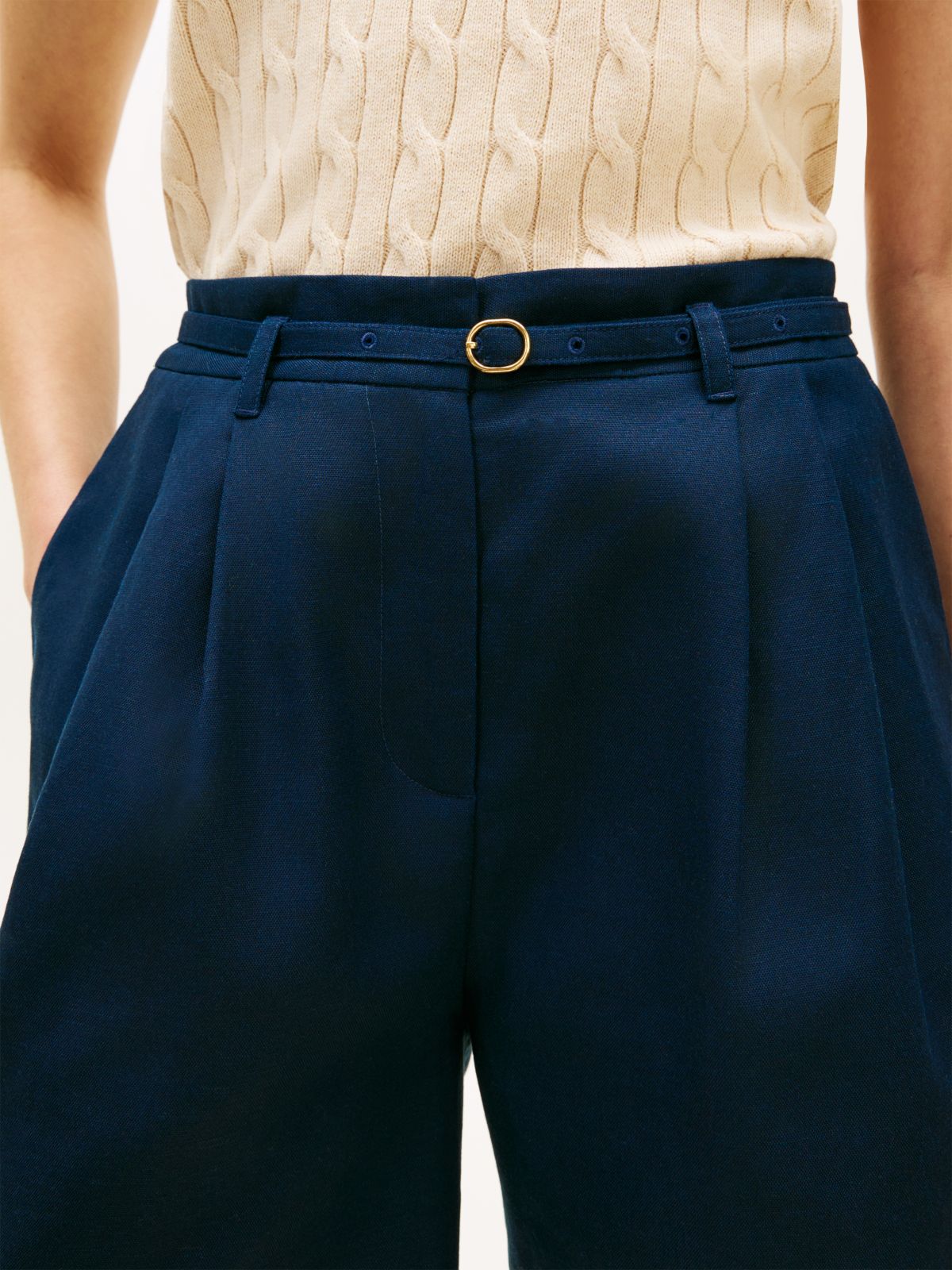 Linen Blend Wide Leg Shorts — Blue