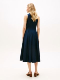 Gold-Tone Button Linen Blend Midi Dress — Blue 4