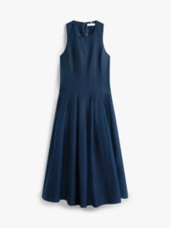 Gold-Tone Button Linen Blend Midi Dress — Blue 5