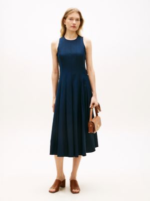 blue gold-tone button linen blend midi dress for women tommy hilfiger