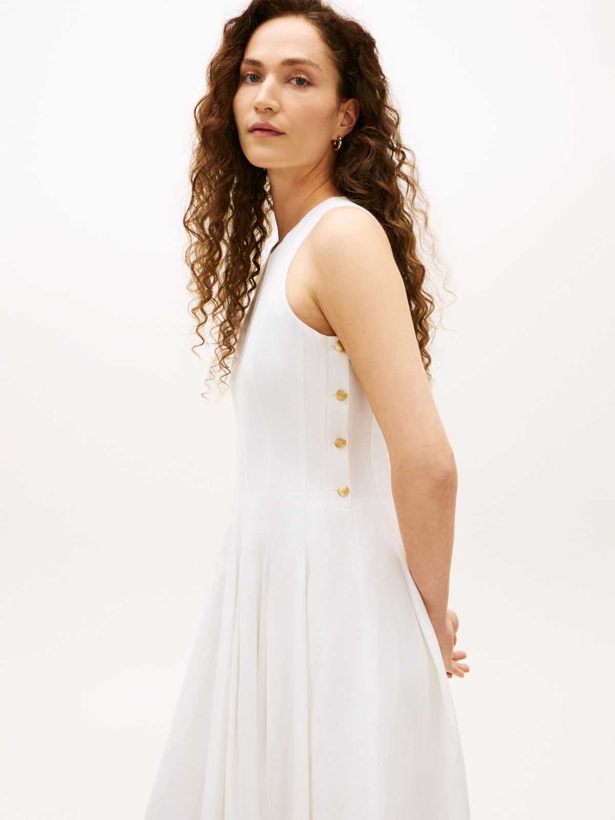 Gold-Tone Button Linen Blend Midi Dress — White