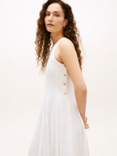 Gold-Tone Button Linen Blend Midi Dress — White 2