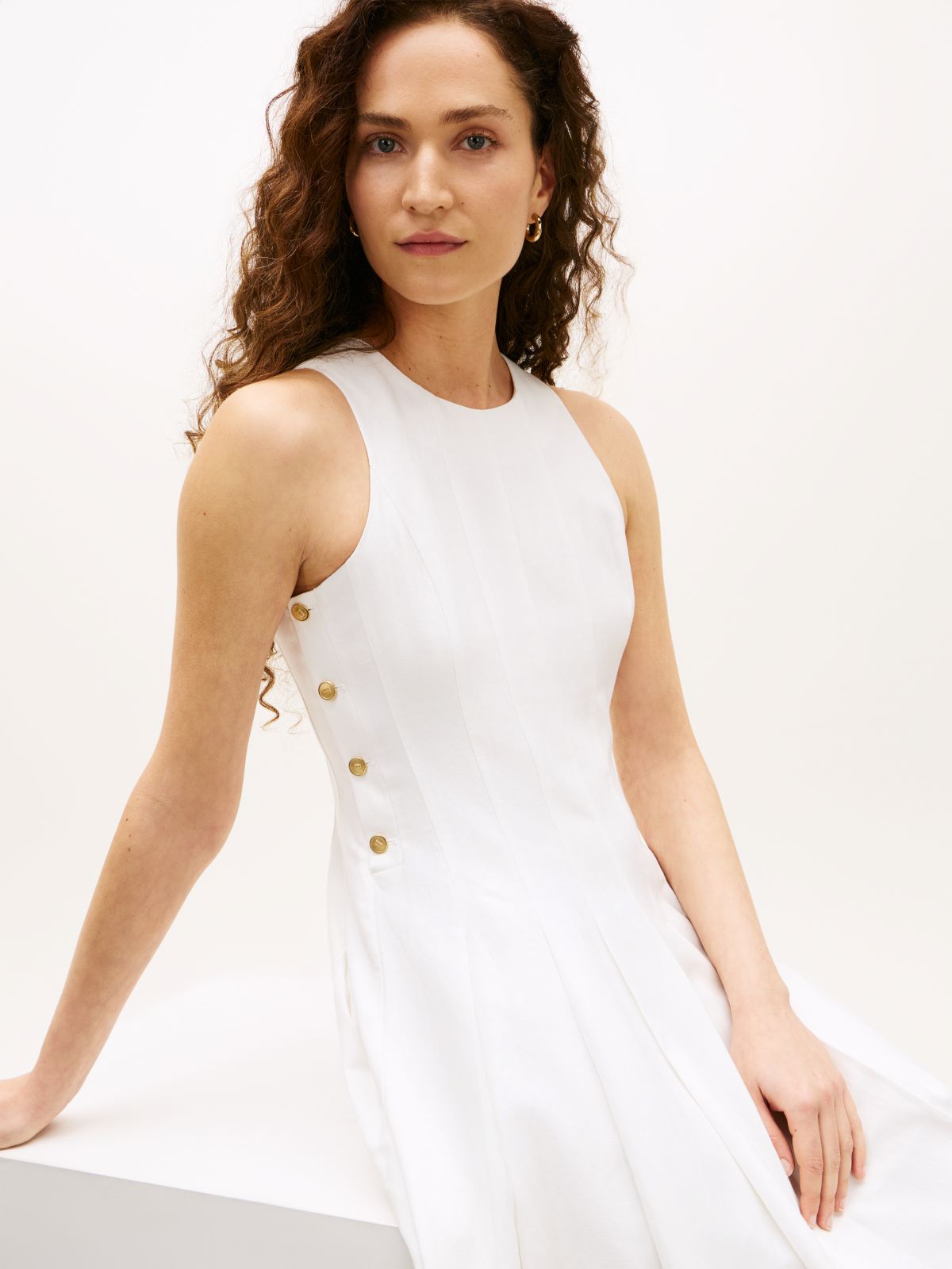Gold-Tone Button Linen Blend Midi Dress — White