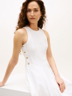 Gold-Tone Button Linen Blend Midi Dress — White 3