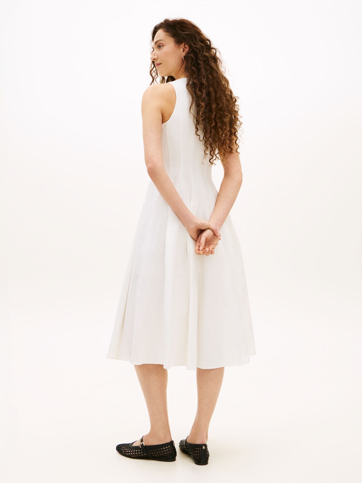 Gold-Tone Button Linen Blend Midi Dress — White