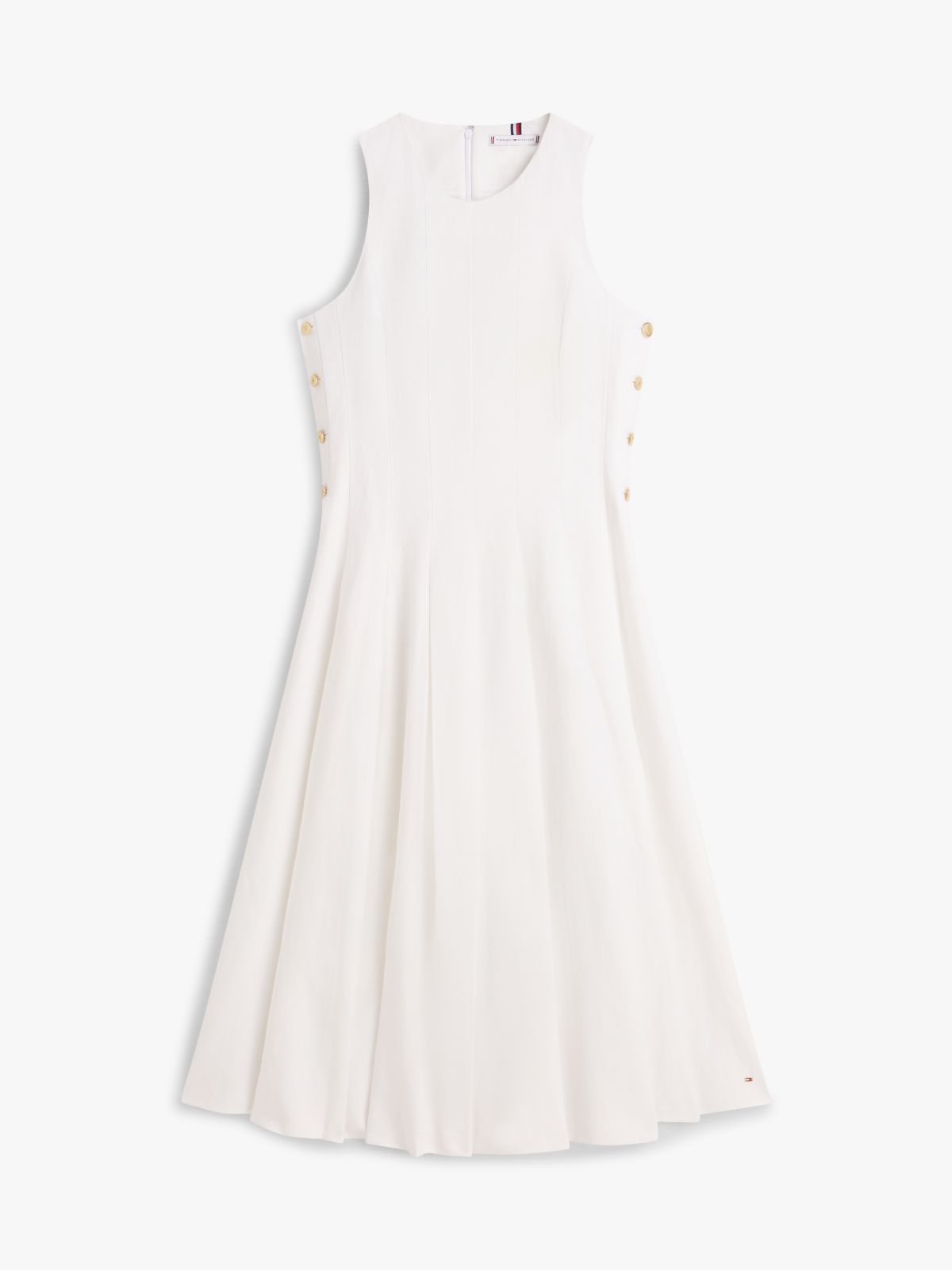 Gold-Tone Button Linen Blend Midi Dress — White