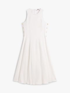 Gold-Tone Button Linen Blend Midi Dress — White 5