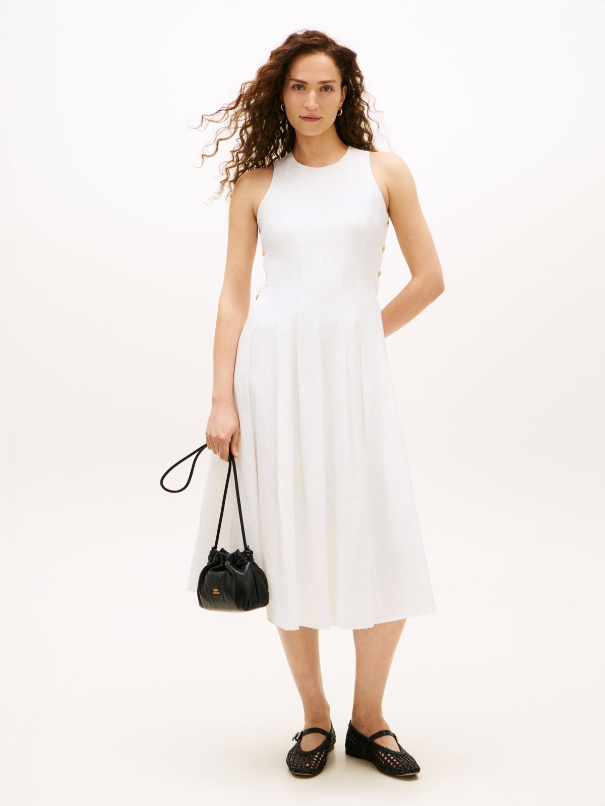 Gold-Tone Button Linen Blend Midi Dress — White