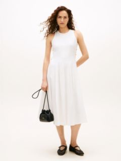 Gold-Tone Button Linen Blend Midi Dress — White 1