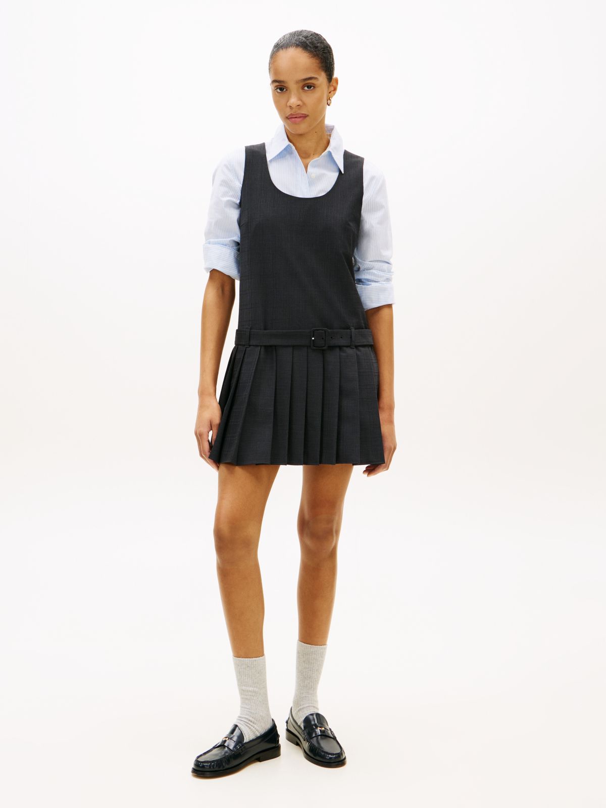Check Wool Blend Mini Shift Dress — Grey