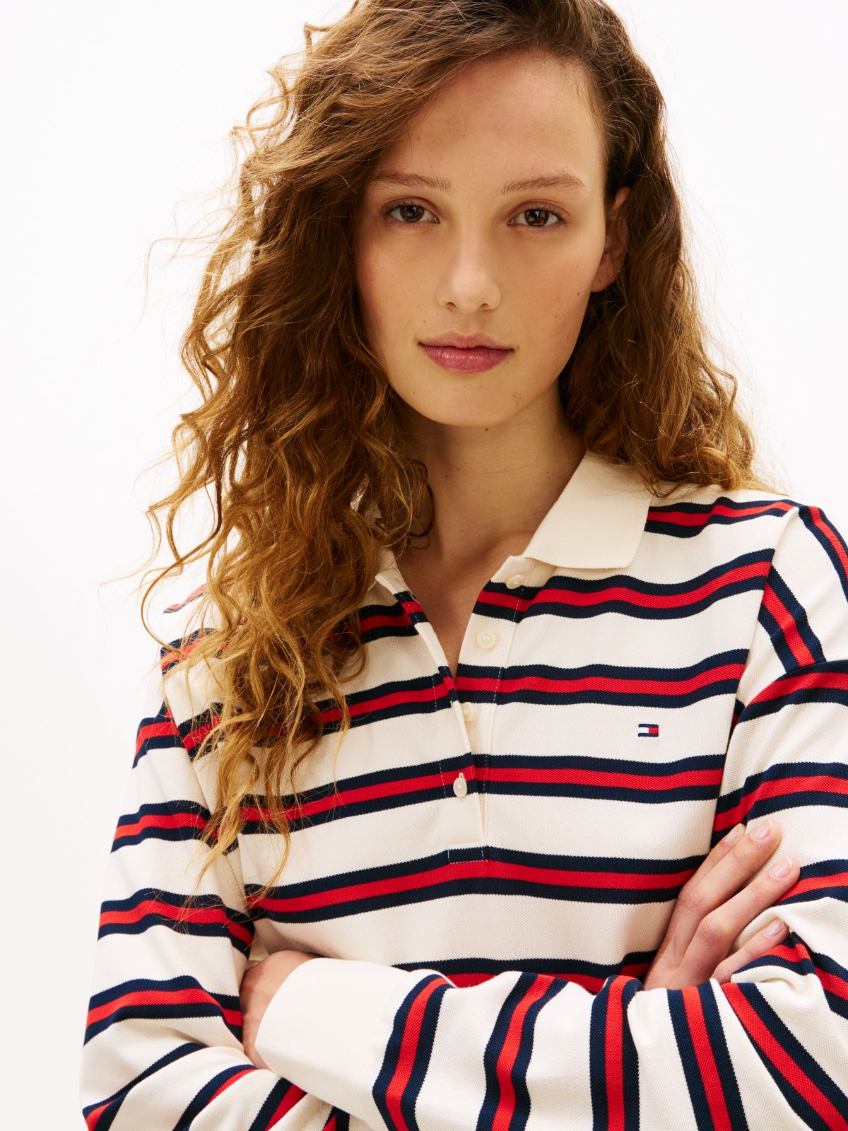 1985 Relaxed Fit Stripe Long Sleeve Polo Shirt — White