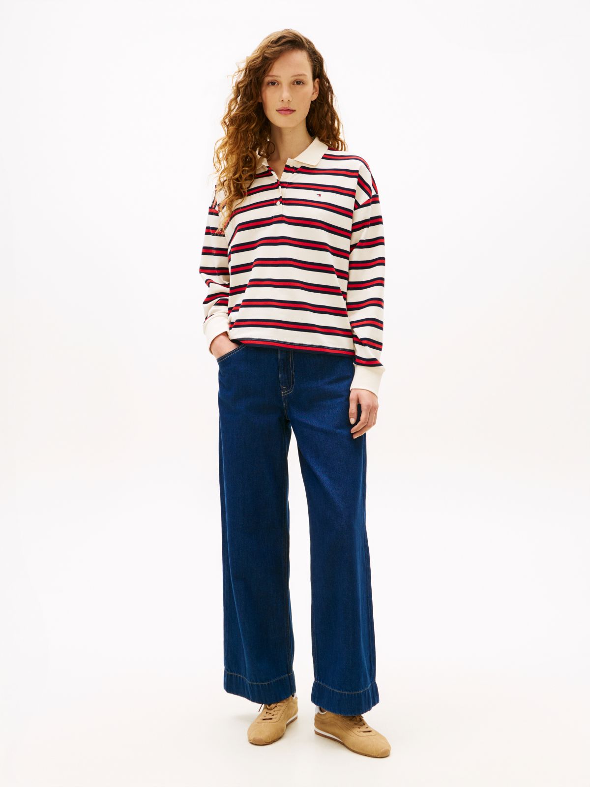 1985 Relaxed Fit Stripe Long Sleeve Polo Shirt — White