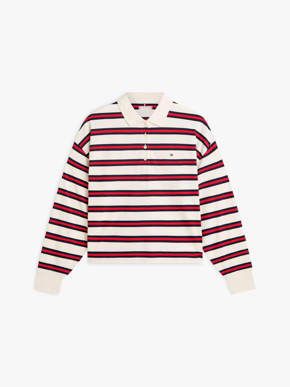 1985 Relaxed Fit Stripe Long Sleeve Polo Shirt — White