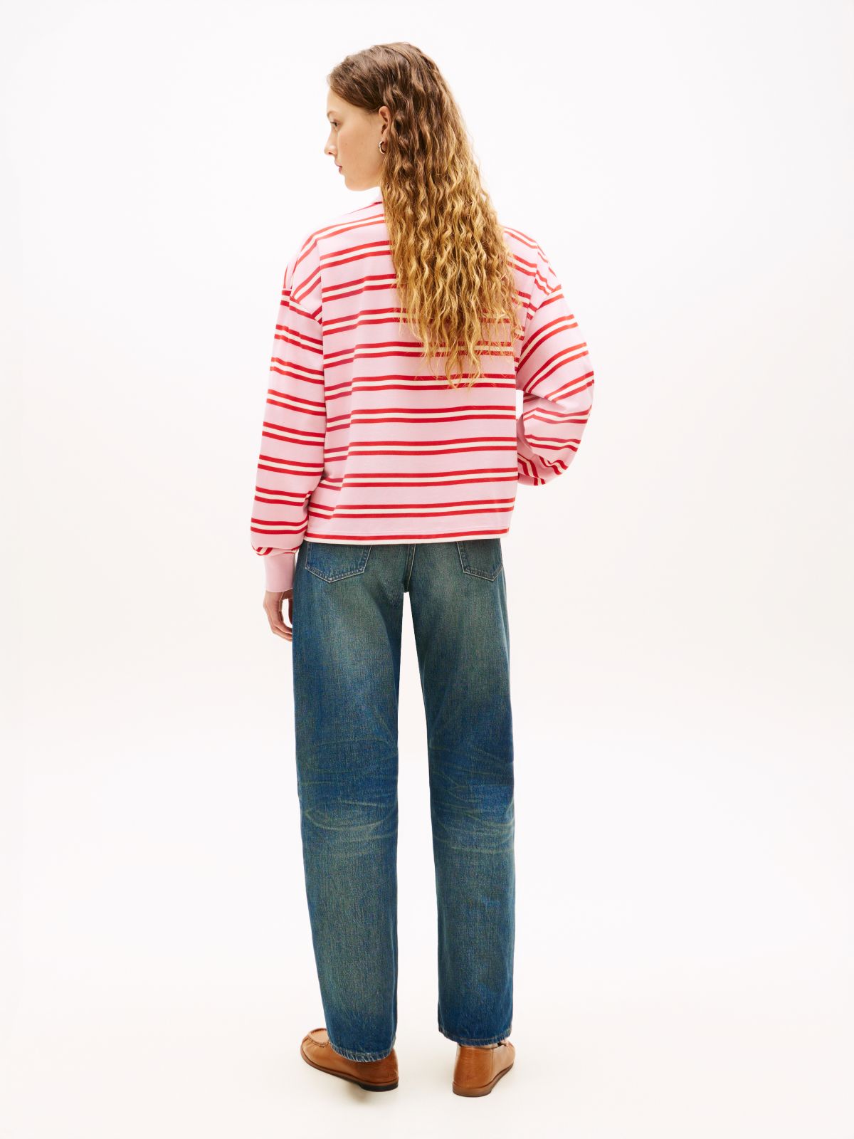 1985 Relaxed Fit Stripe Long Sleeve Polo Shirt — Pink