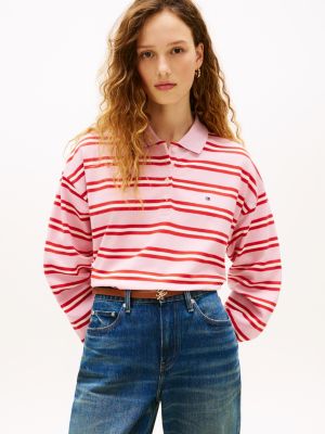 pink 1985 relaxed fit stripe long sleeve polo shirt for women tommy hilfiger
