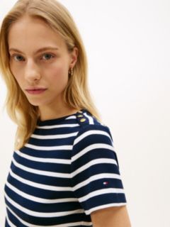 Gold-Tone Button Slim Boat Neck T-Shirt — Blue 2