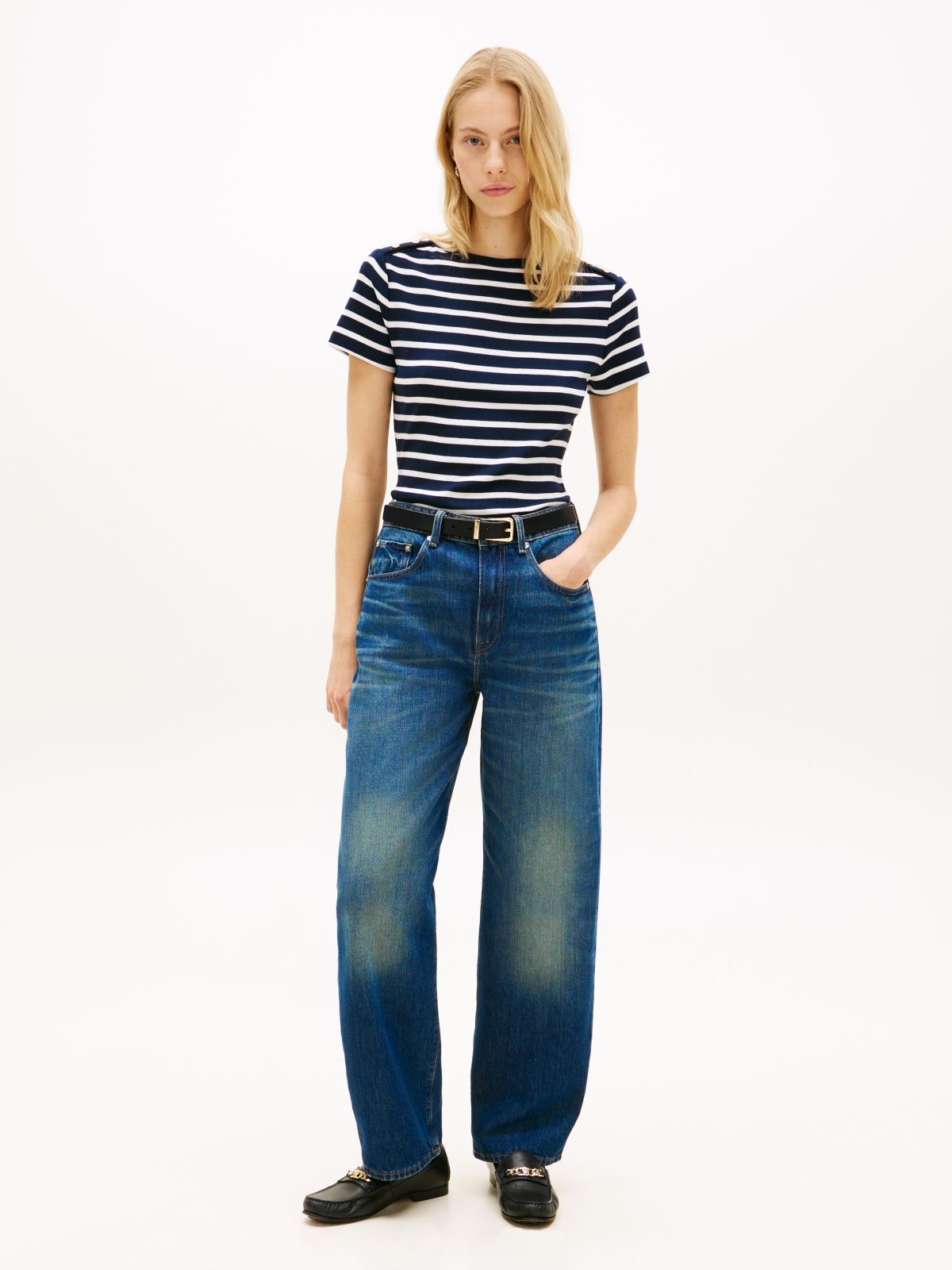 Gold-Tone Button Slim Boat Neck T-Shirt — Blue