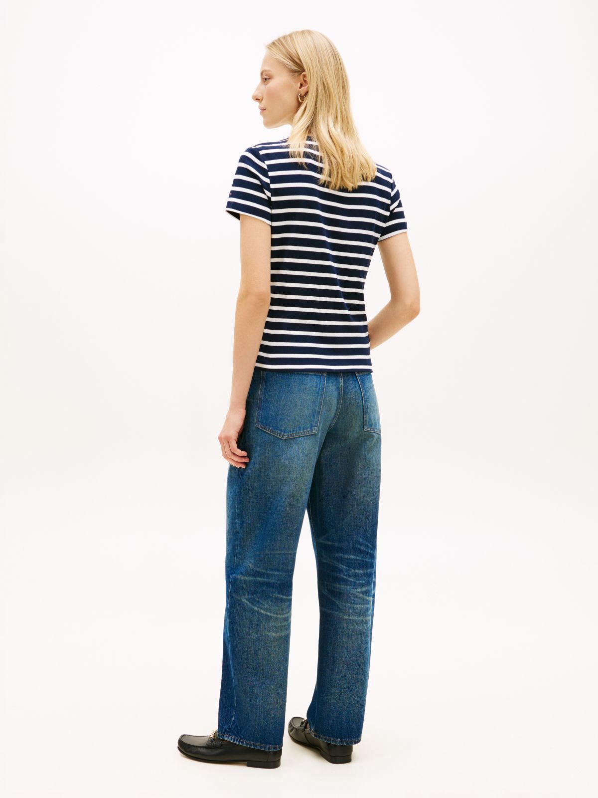 Gold-Tone Button Slim Boat Neck T-Shirt — Blue