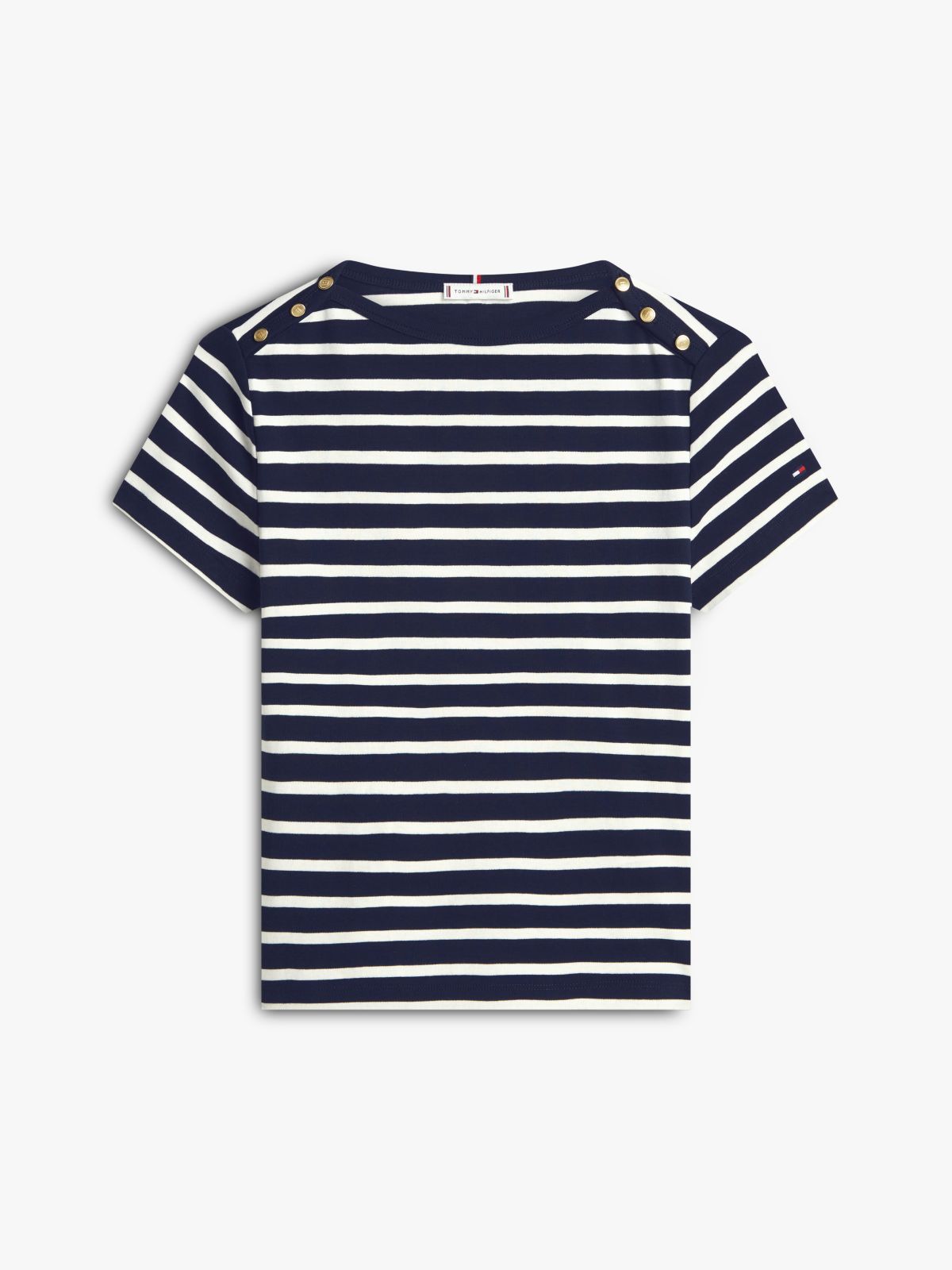 Gold-Tone Button Slim Boat Neck T-Shirt — Blue