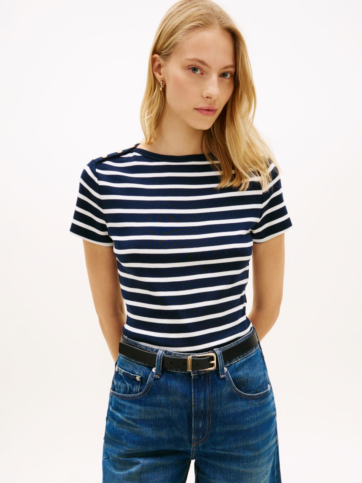 Gold-Tone Button Slim Boat Neck T-Shirt — Blue