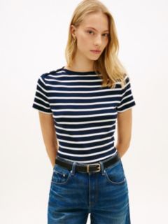 Gold-Tone Button Slim Boat Neck T-Shirt — Blue 1
