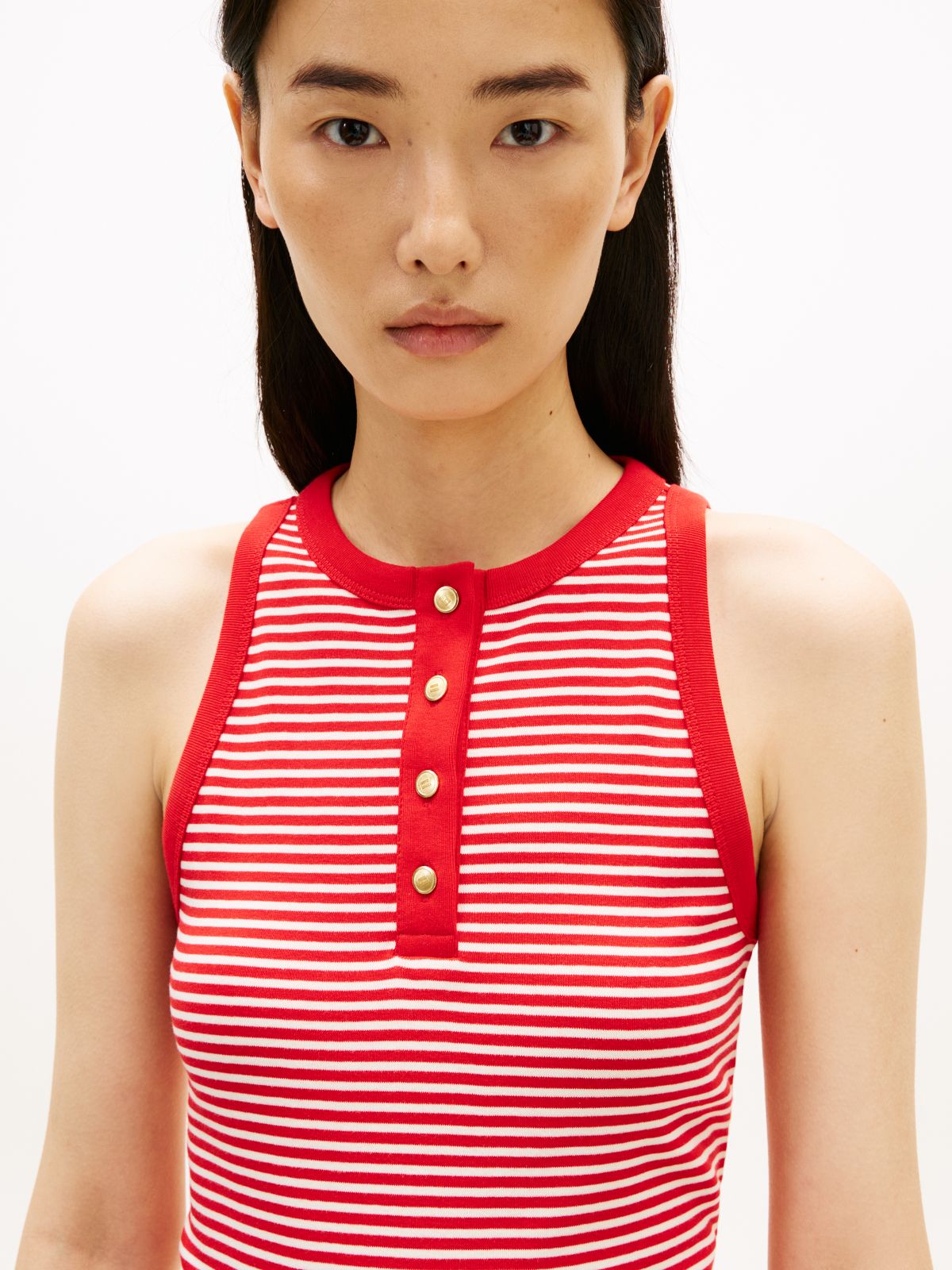 Gold-Tone Button Sleeveless Henley Top — Red