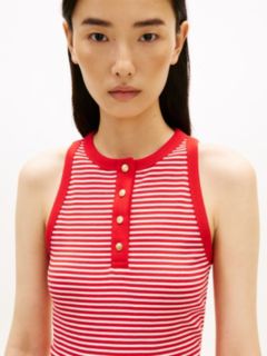 Gold-Tone Button Sleeveless Henley Top — Red 2
