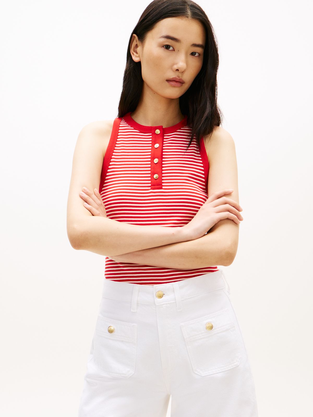 Gold-Tone Button Sleeveless Henley Top — Red