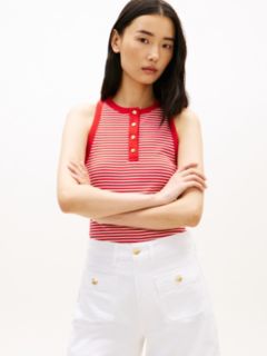 Gold-Tone Button Sleeveless Henley Top — Red 1