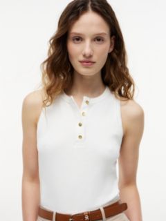 Gold-Tone Button Sleeveless Henley Top — White 3