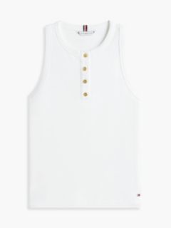 Gold-Tone Button Sleeveless Henley Top — White 5