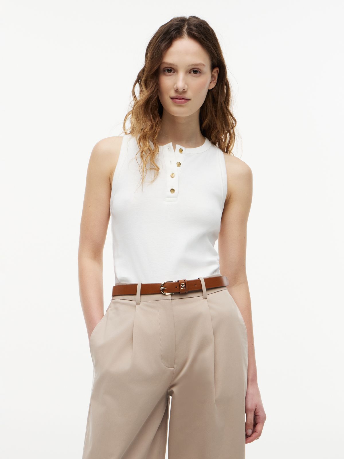 Gold-Tone Button Sleeveless Henley Top — White