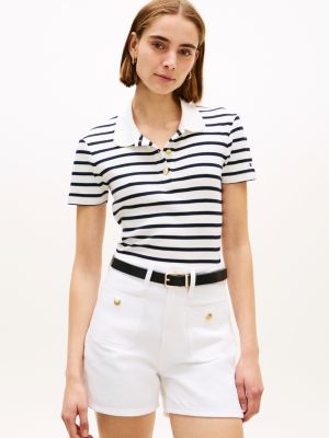 blue slim fit gold-tone button polo shirt for women tommy hilfiger