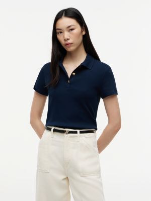 blue slim fit gold-tone button polo shirt for women tommy hilfiger