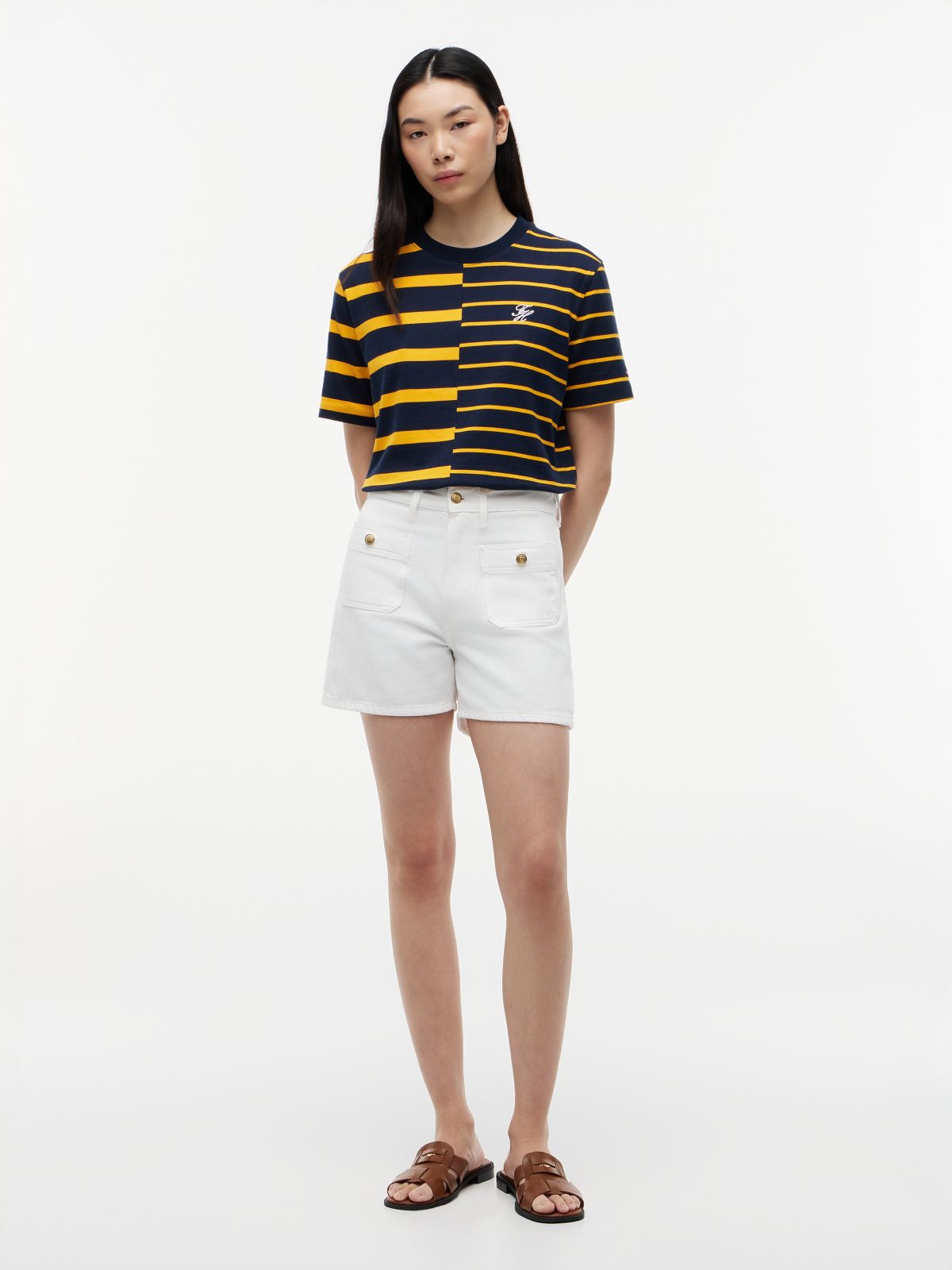 Mixed Stripe Relaxed Crew Neck T-Shirt — Orange